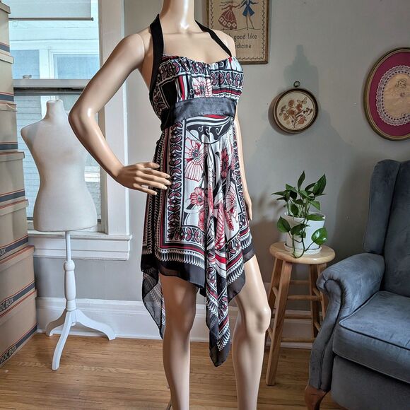 Vintage Y2K Trixxi Halter Dress Red Handkerchief Floral Whimsigoth Jrs Size 5 - Picture 3 of 10
